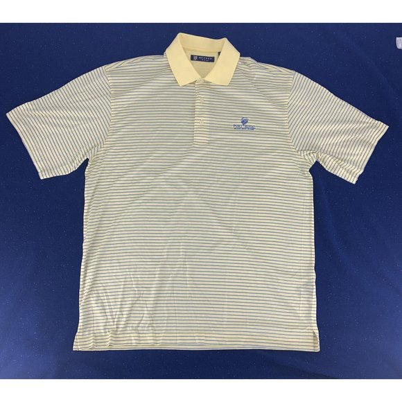 Men's Oxford Golf Polo Shirt Yellow Blue Stripes L Port Royal Hilton Head Island - Picture 2 of 8